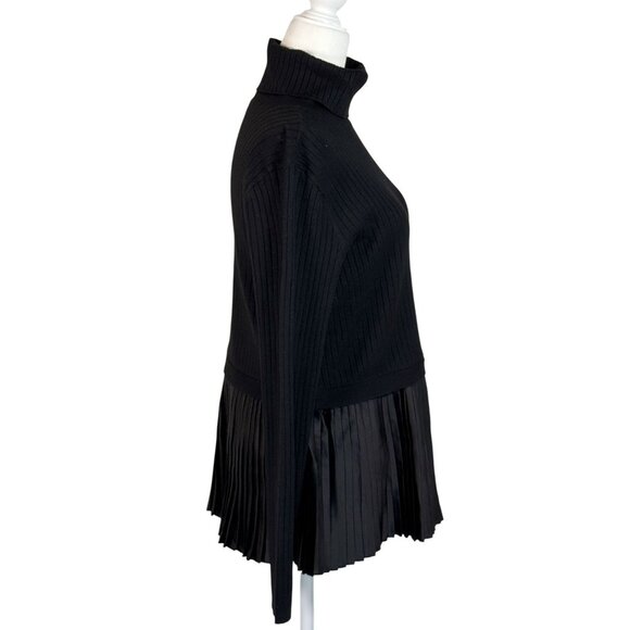 NINE WEST Size M Women Black Ribbed Knit Top With Pleated Satin Hem & Turtleneck - Picture 3 of 5